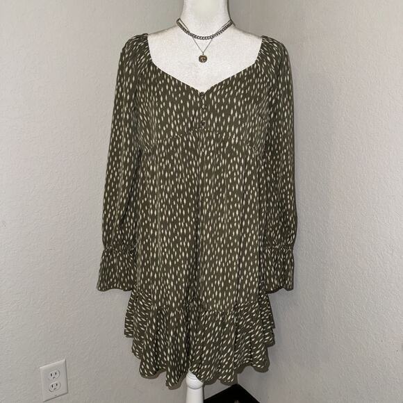 New In Babydoll Dress Women's Large Olive Green Floral Long Sleeve Ruffle Hem - Picture 1 of 11